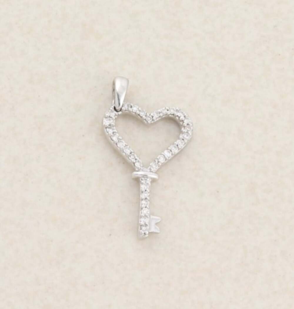 Pendant Only 14K White Gold Diamond Heart Key Pendant 3/4" x 1/2" inch